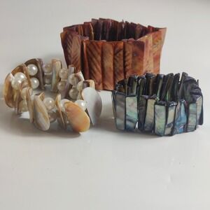 Boho Shell Bead Stretch Bracelets Set 3 Natural Mother of Pearl Abalone